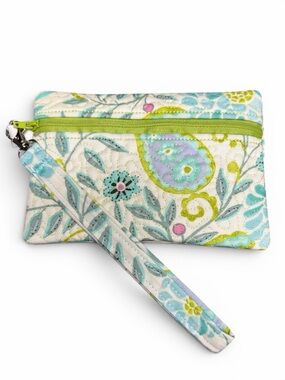 Hand Crafted Zipper Pouch Floral Blue and Green Zipper Wallet